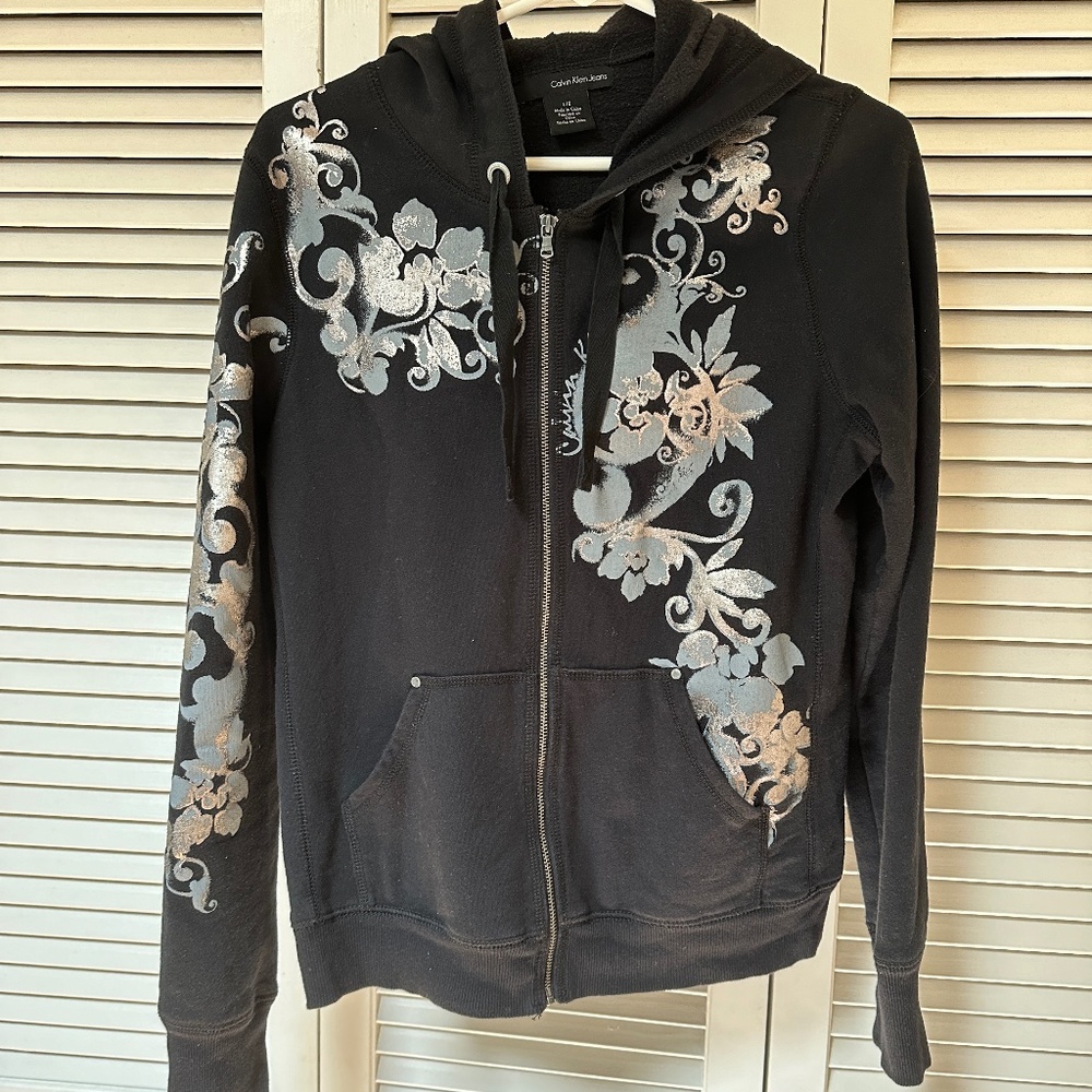 Calvin Klein Jeans Hoodie Zip Sweatshirt Cotton Blend Metallic Floral Design